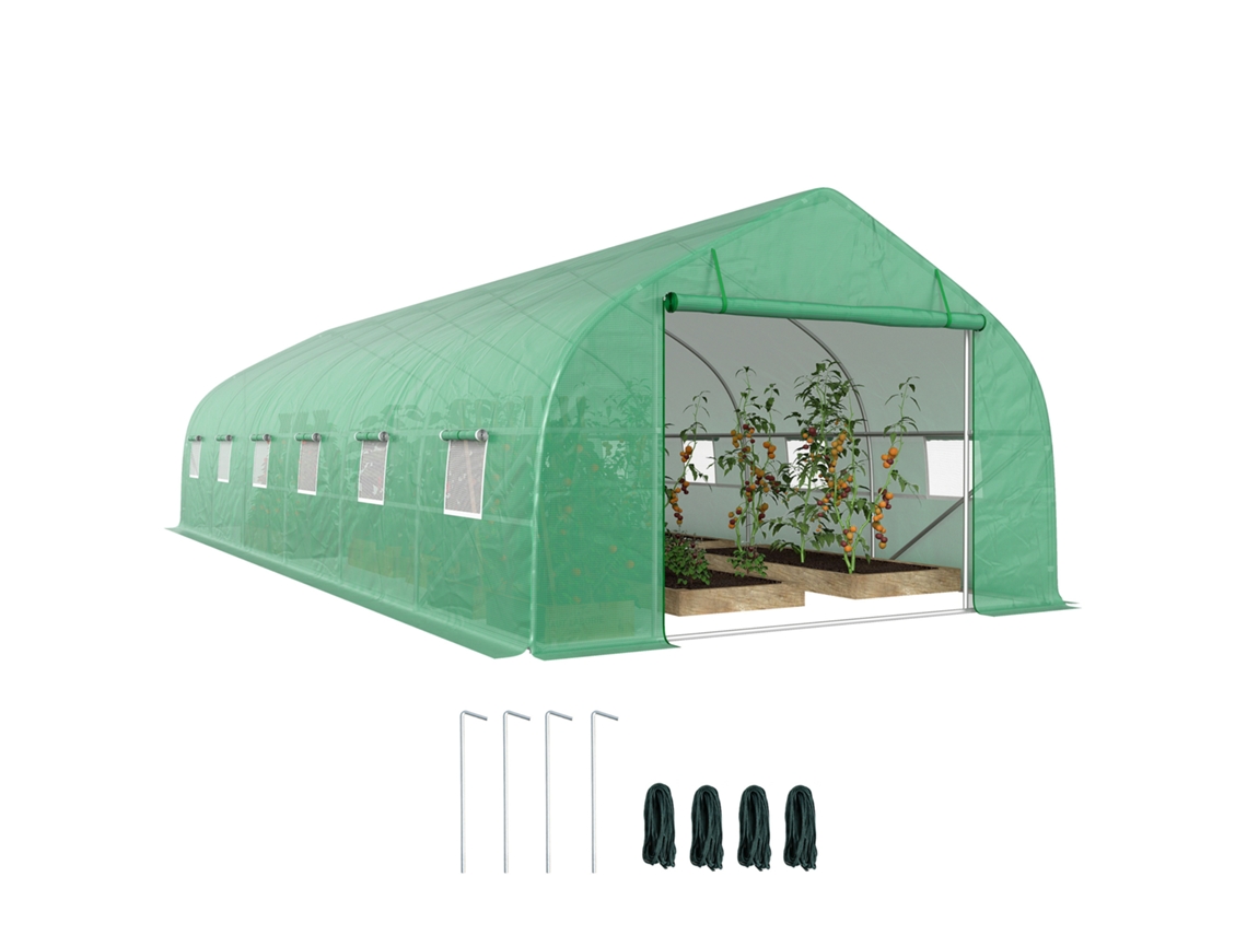 Invernadero tipo túnel de 800x300x200 cm con 12 ventanas y puerta enrollable. Fabricado en PE de 140 g/m² y techo de acero con puntas para el cultivo de plantas verdes y hortalizas.