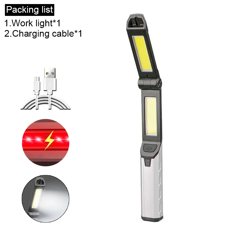 Linterna LED COB multifuncional con batería interna, recargable por USB, magnética, con gancho y luz roja de advertencia. Aeuzwr