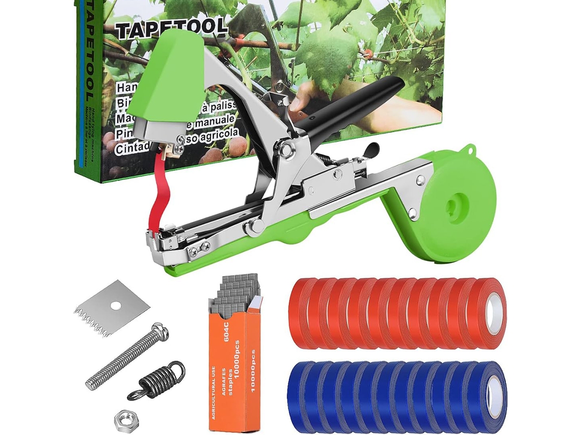 Dispositivo de atado de plantas de aluminio Einnenffer con correa, cuchilla de repuesto, 20 rollos de cinta adhesiva, caja de clavos, ligero y ergonómico, verde