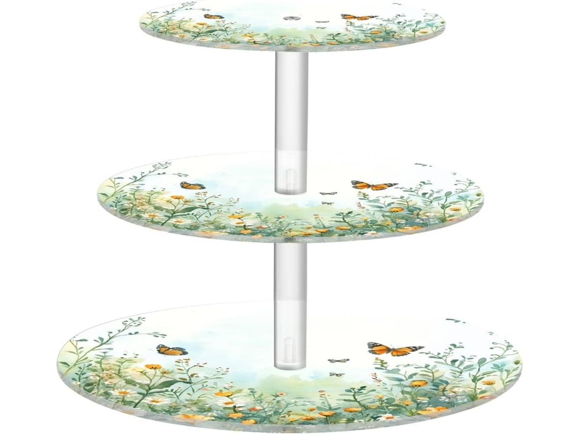 Soporte acrílico de 3 niveles para cupcakes con diseño de flores silvestres y mariposas - Soporte