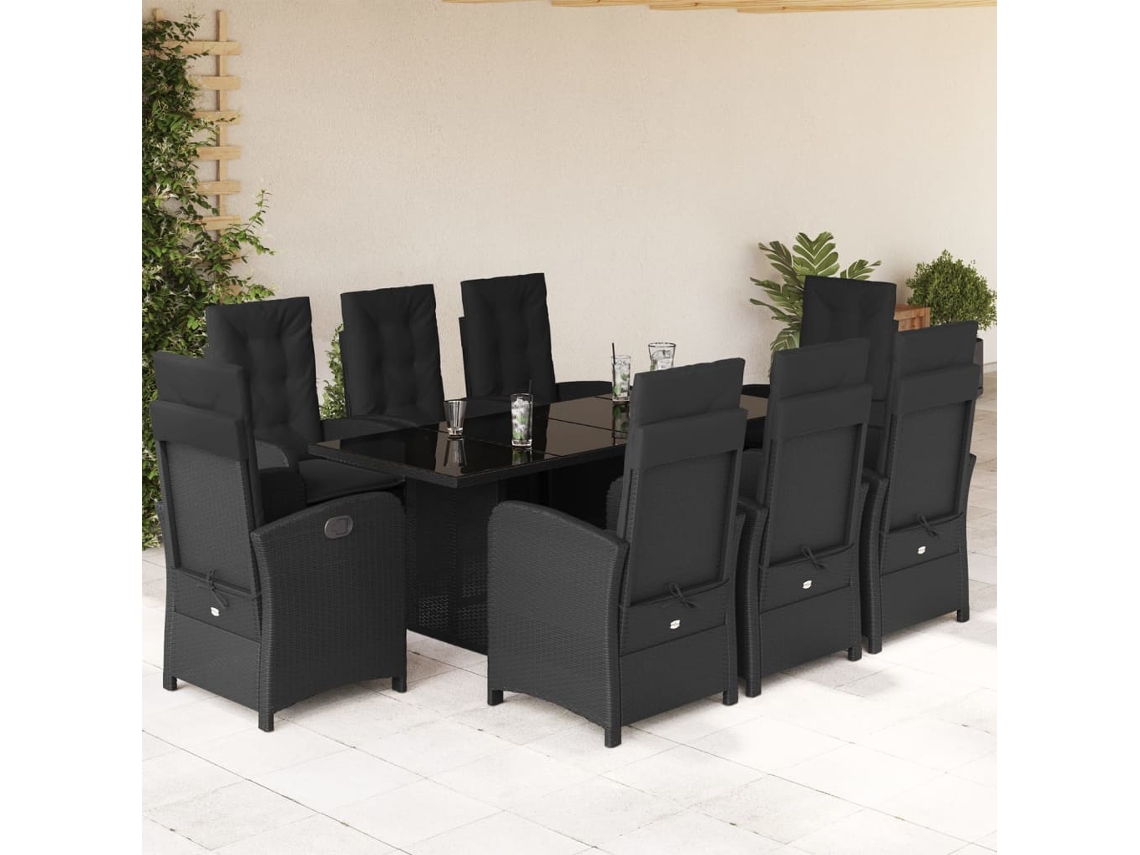 Juego de comedor de jardín de 9 piezas con cojines, mimbre sintético negro, DKD Home Decor