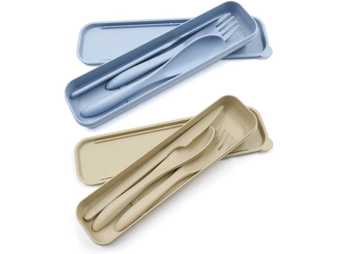 Paquete de 2 cubiertos portátiles reutilizables de paja de trigo, cuchara, tenedor, vajilla para viajes, picnic, camping, estudiantes, uso diario (beige, azul) UISAVE