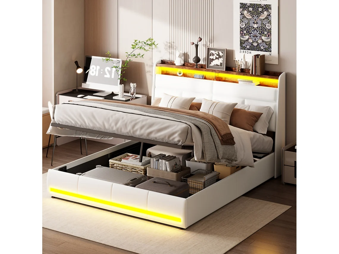 Cama Tapizada De 140x200 Cm, Cama Doble, Con Compartimento De Almacenaje, Led Con Control Por App, Tela De Piel Sintética - Blanco