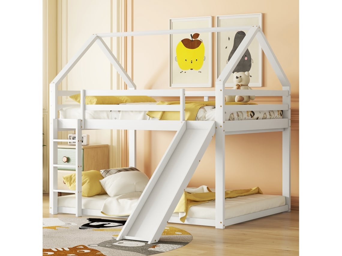 Litera Infantil De 140x200 Cm Con Tobogán, Escalera, Cama Tipo Cabaña, Cama Doble Infantil Blanca.