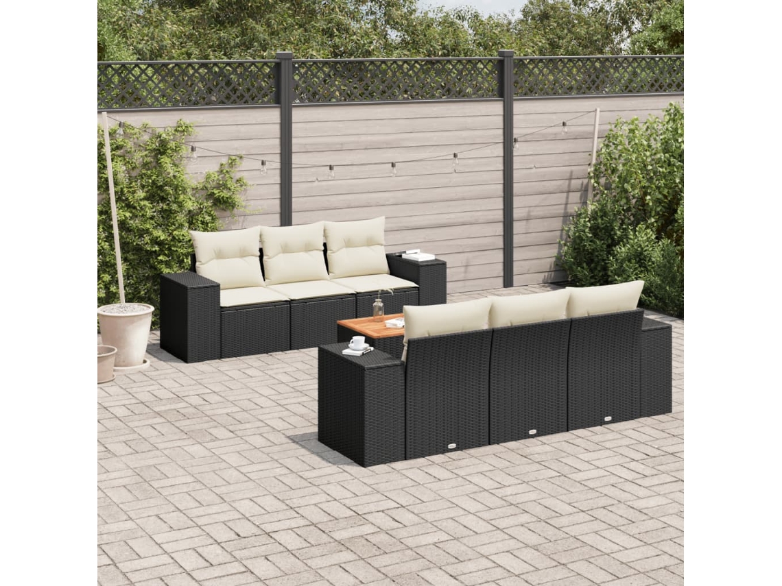 Conjunto de sofá de jardín de 7 piezas con cojines, ratán negro, Dkd Home Decor