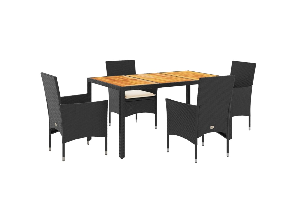Juego de 5 juegos de comedor de jardín con cojines de mimbre, acacia negra/petite, EXCLUSIVO DE LA CASA