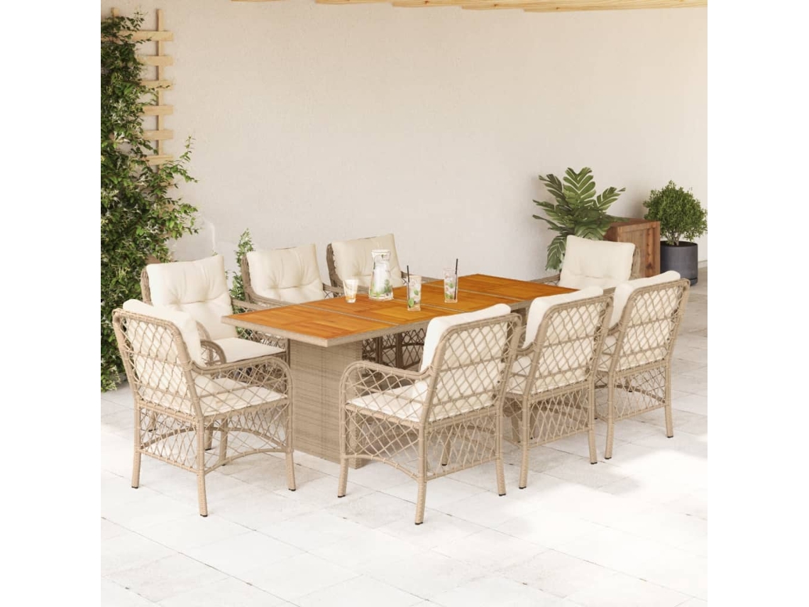Juego de comedor de jardín de 9 piezas con cojines, mimbre sintético beige, DKD Home Decor