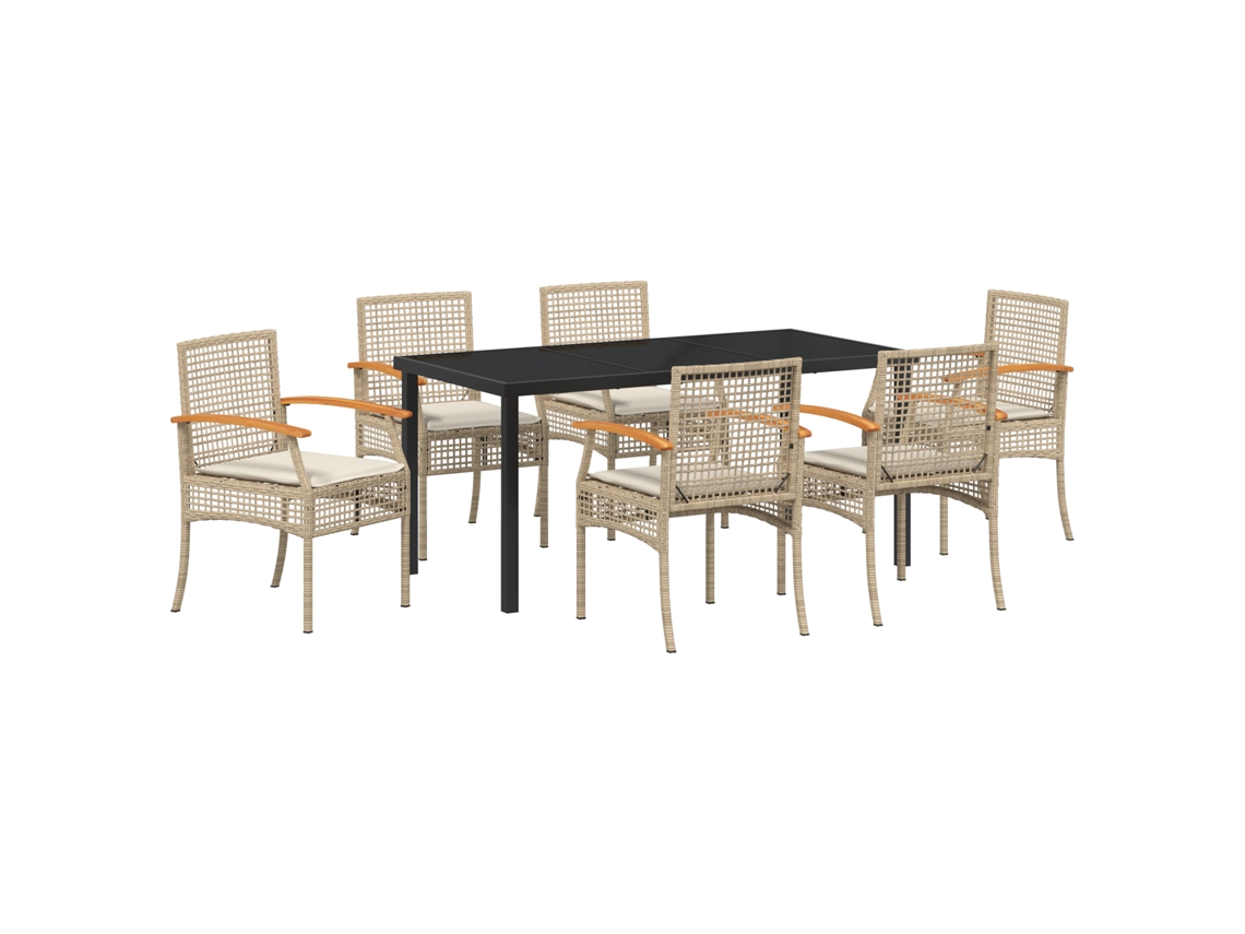 Conjunto de comedor de jardín VidaXL de 7 piezas con cojines en ratán poliéster beige