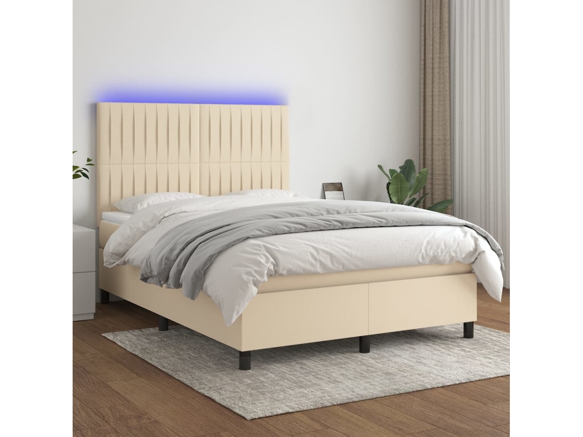 Cama Box Spring Colchón Y Luces Led Tela Crema 140x200 Cm