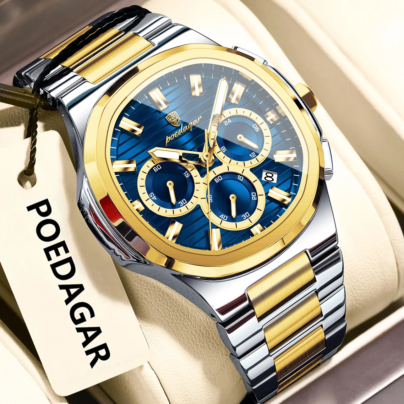 Reloj De Pulsera Para Hombre (caja Dorada, Esfera Azul), Con Indicador De Fecha, Cronógrafo, Resistente Al Agua Y Luminiscente.