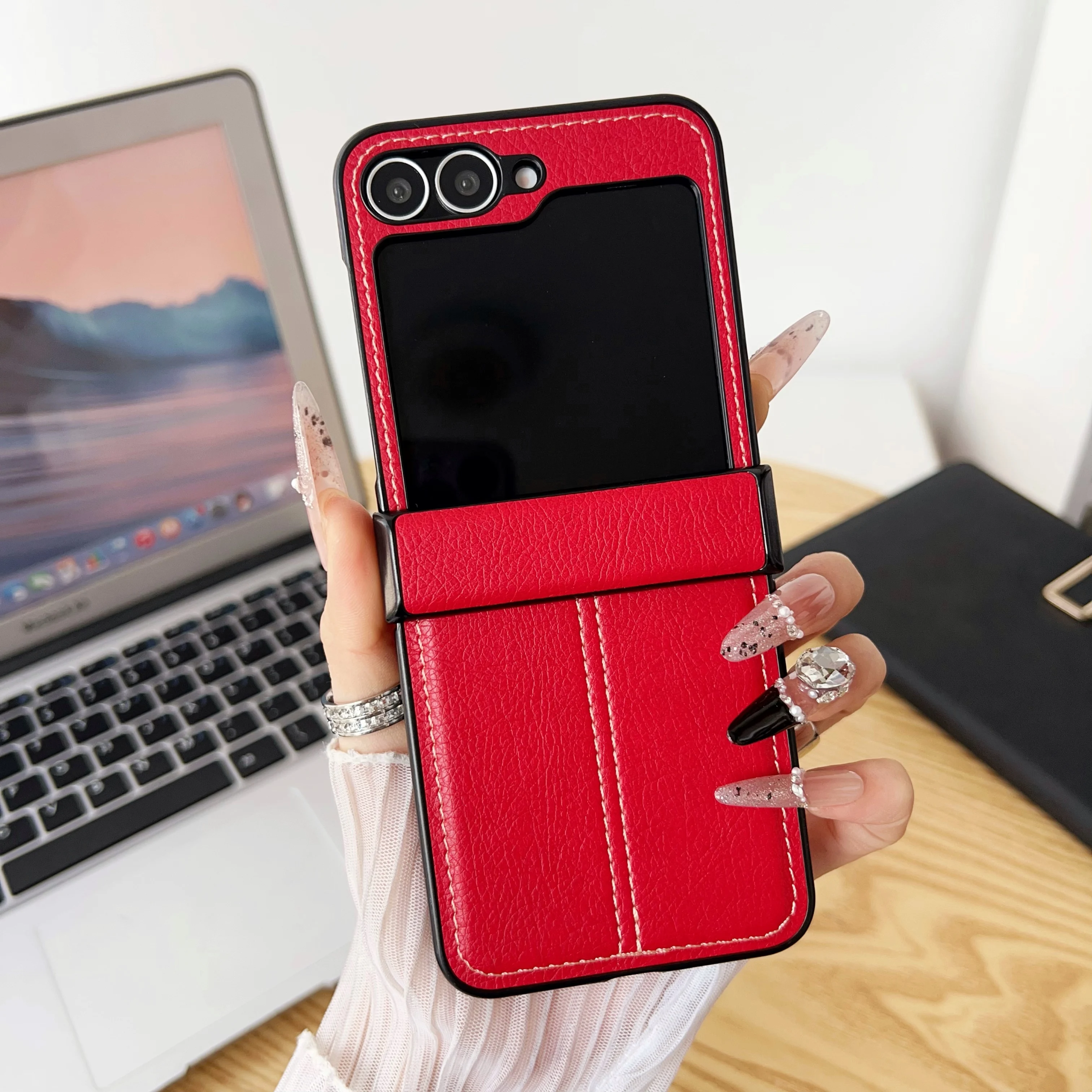 (rojo, Galaxy Z Flip7) Funda Para Teléfono Plegable Con Textura De Cuero Retro Para Negocios, Material Pu Resistente A Caídas