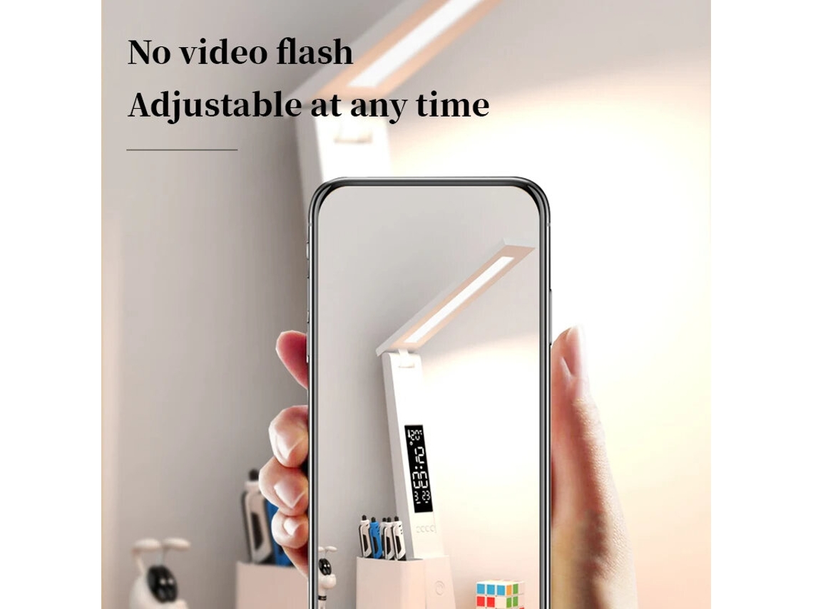 Lámpara de mesa LED USB recargable de 3200 mAh, control táctil, calendario, temperatura, reloj, luz nocturna y plegable.