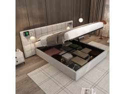 Cama Doble Gris De 180x200 Cm, Usb, Inalámbrica, Led, Compartimento De Almacenamiento Hidráulico.