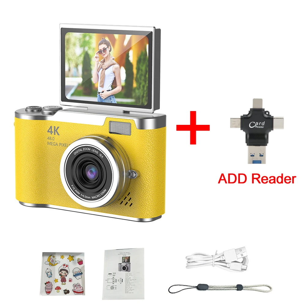 (amarillo Con Lector De Tarjetas -64gb) Cámara Digital 4k -48 Mp - Cámara Infantil - Autoenfoque - Pantalla De 2,4 Pulgadas -180° Flip