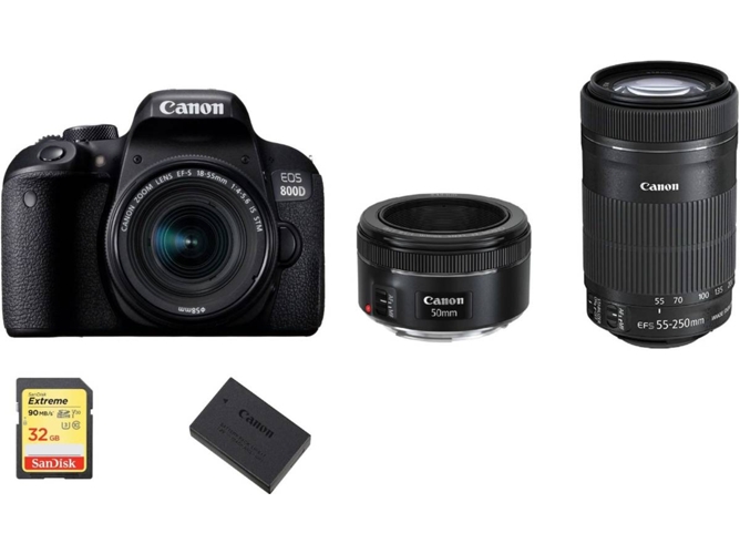 Kit Cámara Réflex CANON EOS 800D EF-S 18-55mm + EF-S 55-250mm + EF 50mm STM + 32GB SD+ LP-E17
