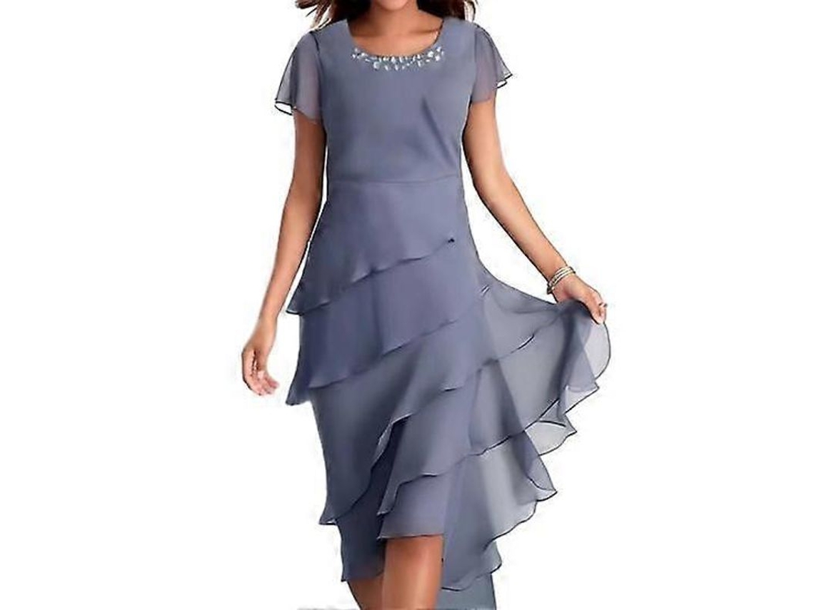 2026-vestido Elegante De Mujer Cuello Redondo Manga Corta Con Perlas Y Falda Capa Midi Para Fiesta Y Boda