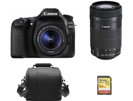 Cámara Reflex CANON EOS 80D + Objectivo EF-S 18-55MM F3.5-5.6 IS STM + Objectivo EF-S 55-250MM F4-5.6 IS STM + Tarjeta SD 64GB + Bolsa (APS-C)