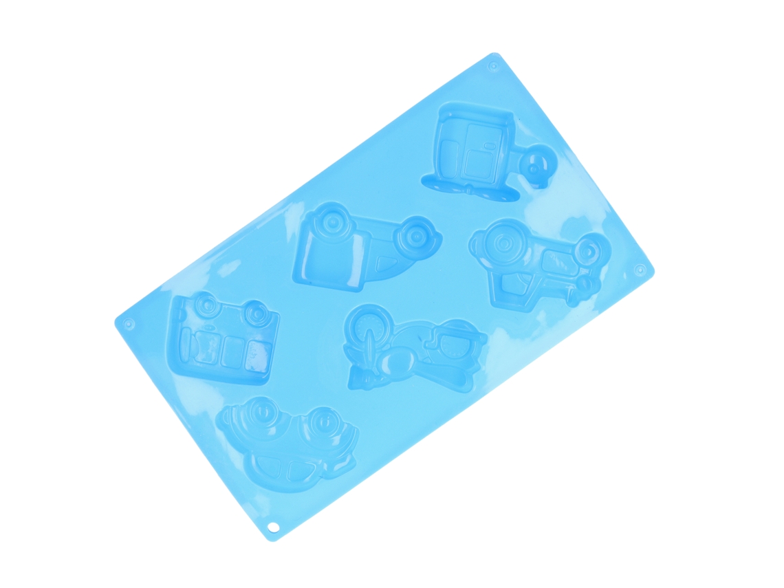 Molde de silicona para tartas con 6 compartimentos y diseño de vehículo, ideal para repostería casera.