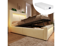 Cama De Terciopelo Beige De 90x200 Cm Con Iluminación Led, Sistema Hidráulico, Aplicación Usb C Y Cabecero Curvo Con Espacio De Almacenamiento.