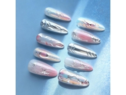 Juego De 30 Uñas Postizas Largas Con Forma De Almendra - Plata Y Cromo Abs Cobertura Completa