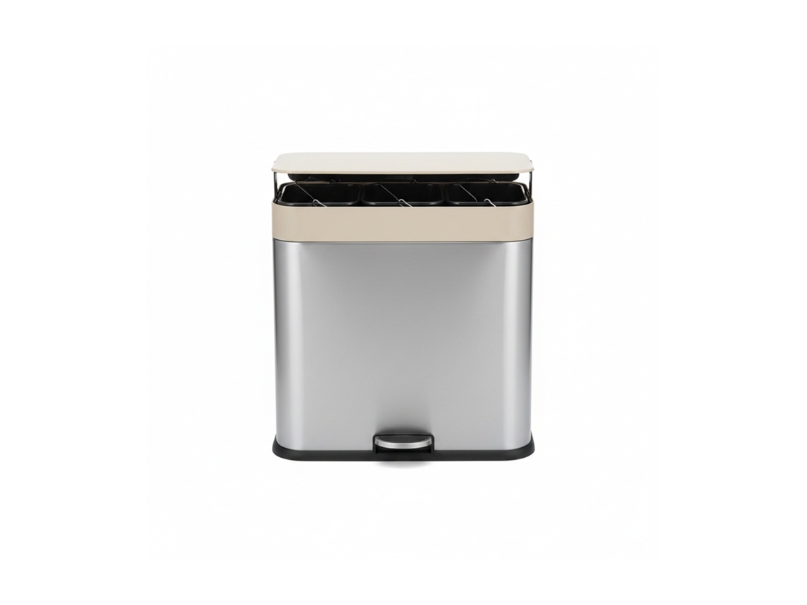 Contentor Relaxdays, 3 Comp., 60 L, Cestos Amovíveis, Softclose, Pedal, Inox, Separador De Lixo P/ Cozinha, Bege
