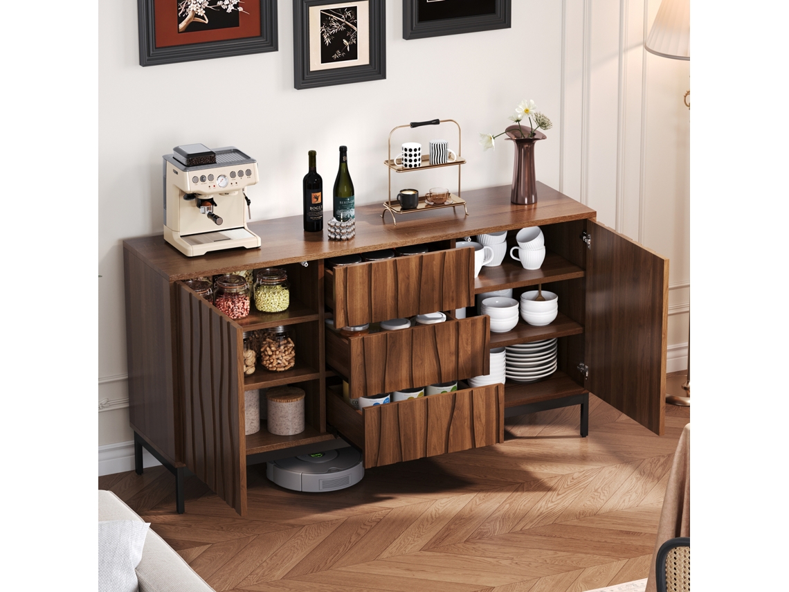 Aparador De Roble Oscuro, 150 Cm, 3 Cajones, Amplio Espacio De Almacenamiento, Ideal Para Cocina, Salón, Recibidor Y Pasillo.