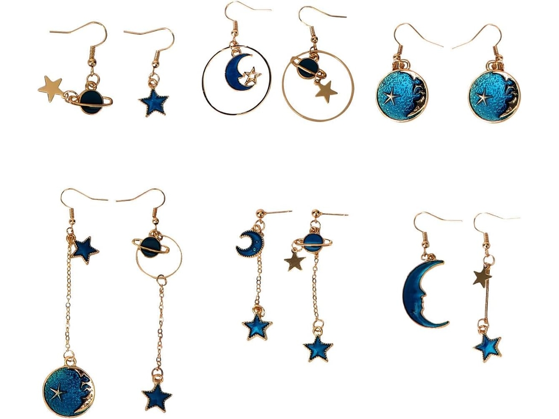 Conjunto De 6 Pares De Brincos Longos Com Pingente De Estrela Azul Em Liga Metálica Para Mulheres, Estilo Simples E Elegante.
