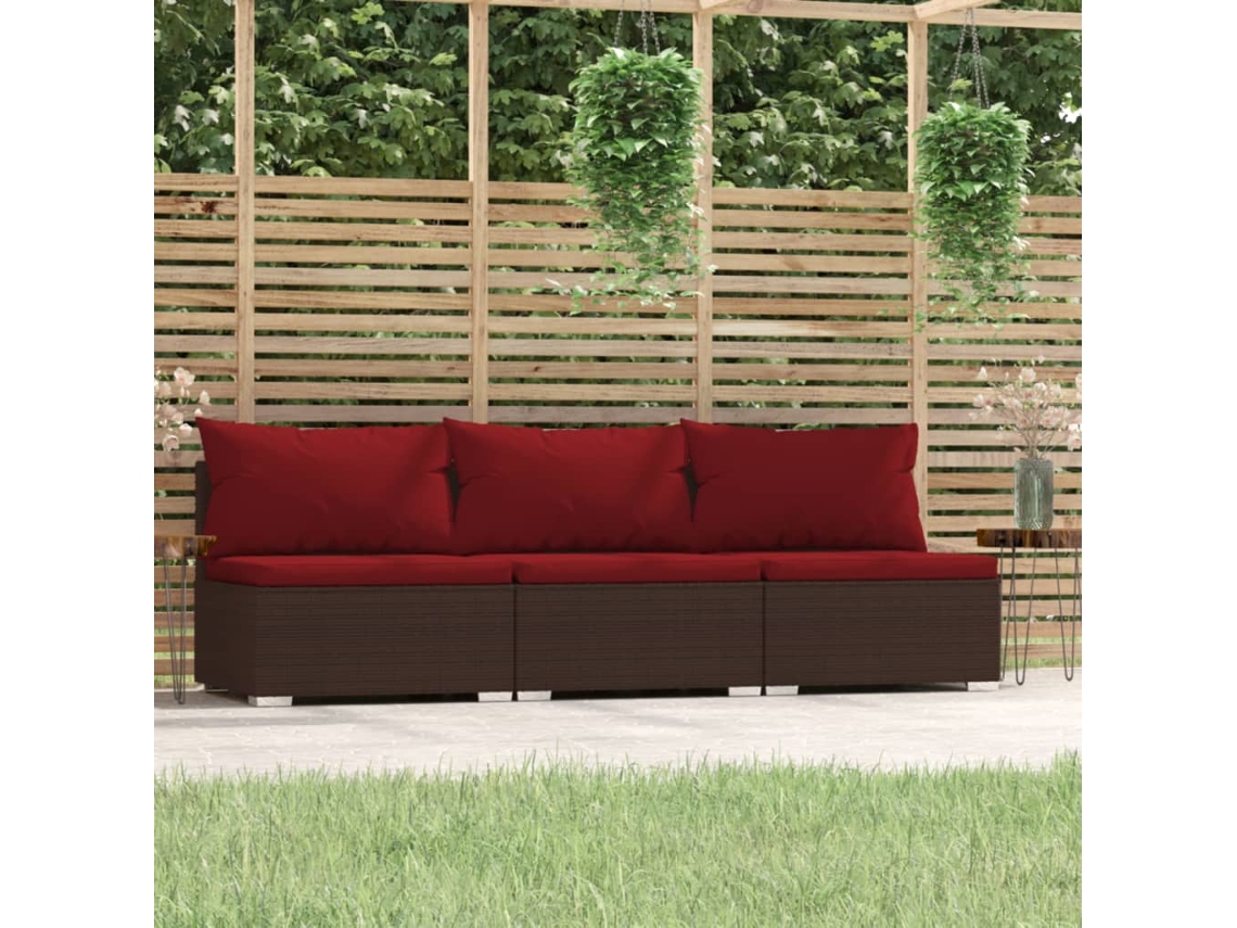 Sofá de jardín de 3 plazas con cojines de mimbre marrón, Dkd Home Decor