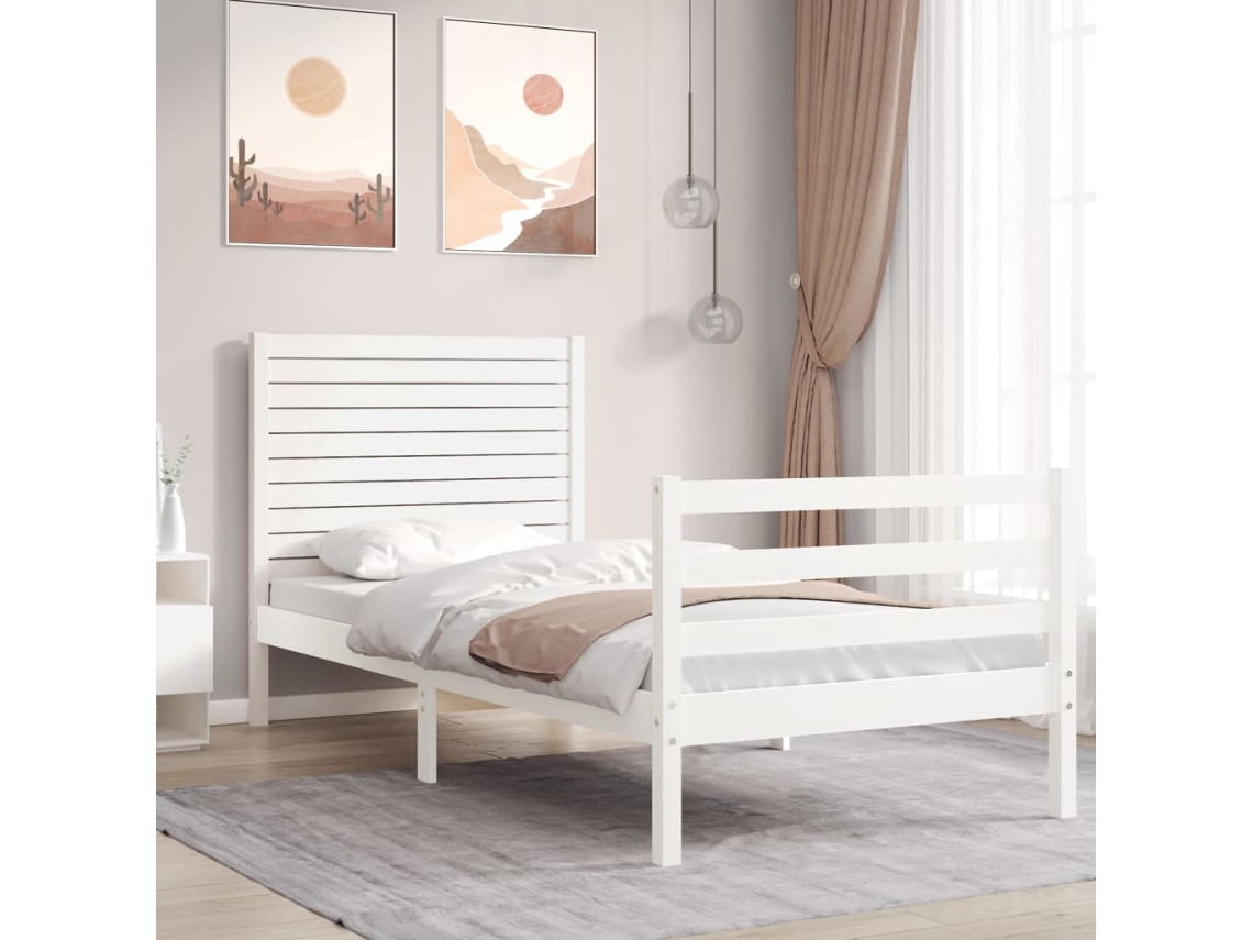 Cama Individual | Estructura De Cama Con Cabecero Madera Maciza Blanco