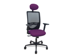 Silla de oficina Zulema con mecanismo sincronizado, tapizada en tela morada y malla negra.