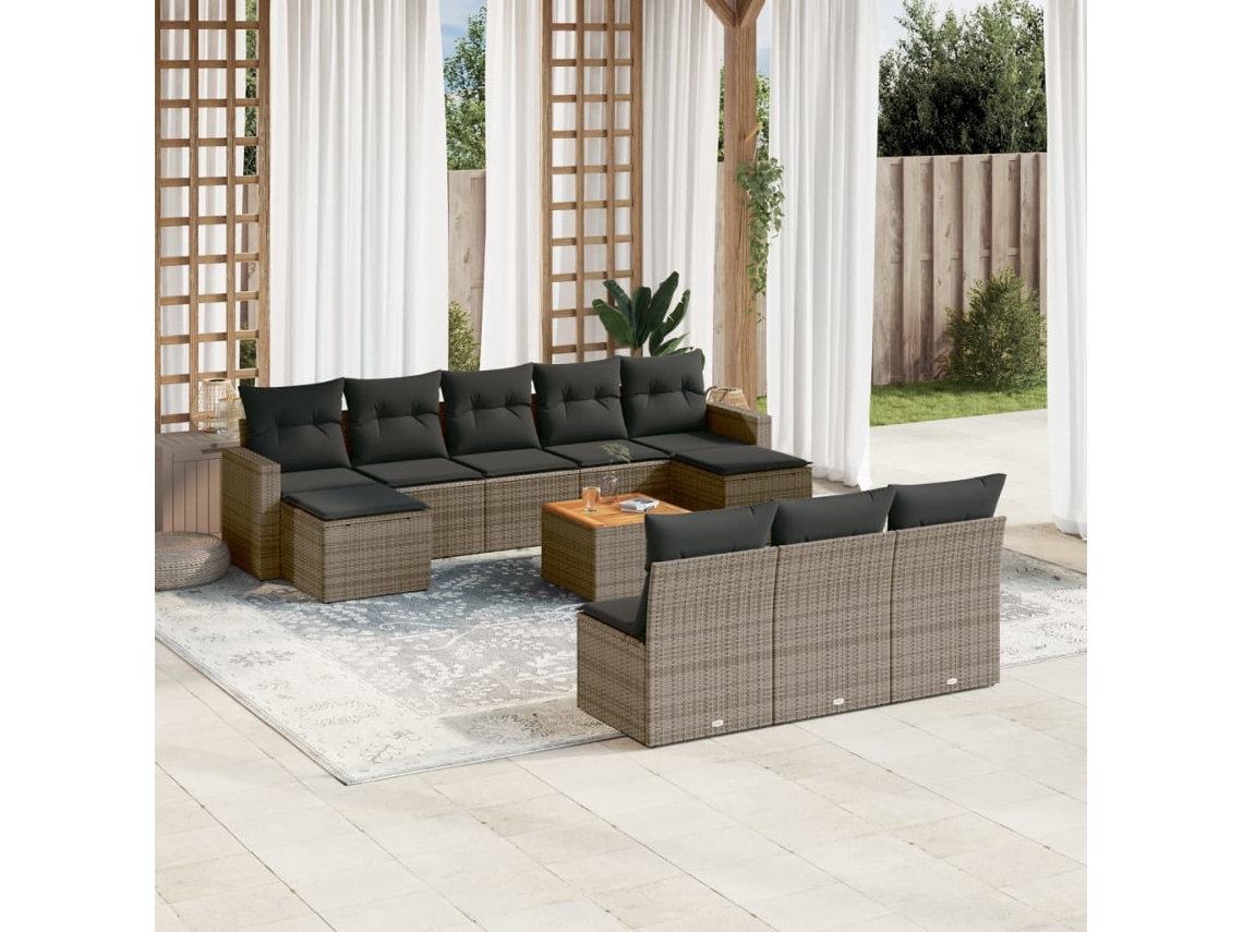 Conjunto de sofá de jardín de 11 piezas con cojines, ratán gris, DKD Home Decor