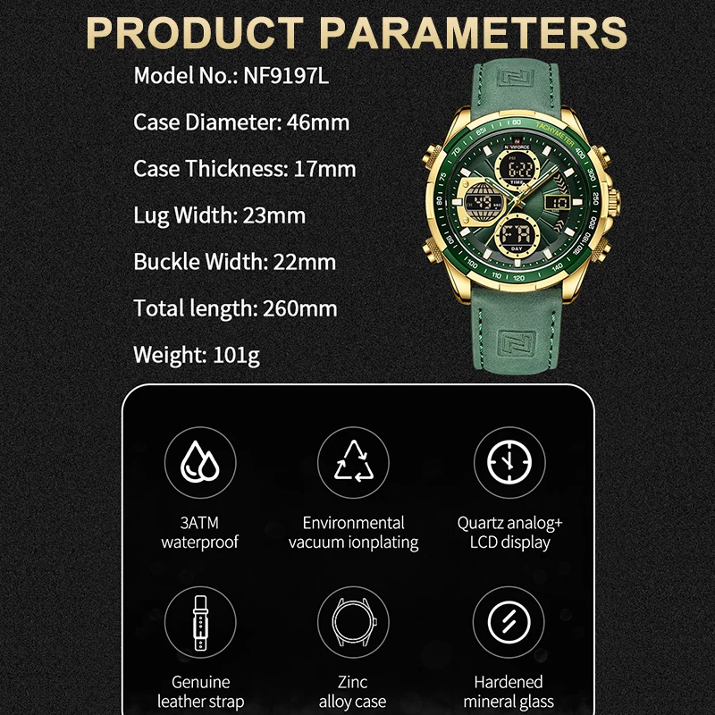 Reloj De Cuero Genuino Para Hombre, Cronógrafo Resistente Al Agua De Grado Militar (verde Plateado)