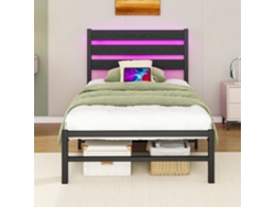 Cama Individual 90x200 Cm Metálica Con Led Y Usb, Almacenamiento Inferior - Negro