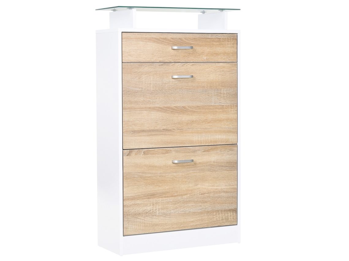 VPMKP - Zapatero Homcom 2 puertas abatibles 2 compartimentos cajón tablero de vidrio roble blanco PMM CAPITALI