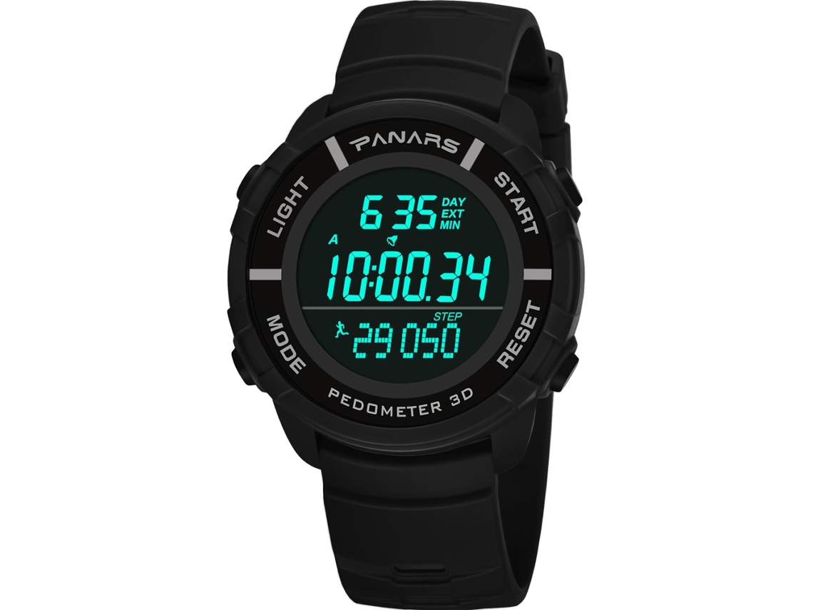 Reloj De Pulsera Multifuncional Con Podómetro 3d Panars, Resistente Al Agua Con Correa De Pu Negra.