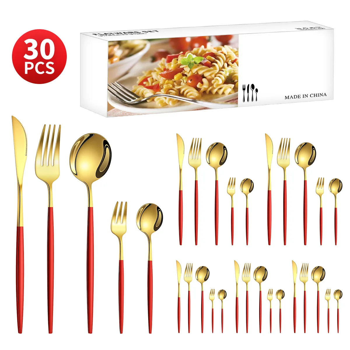 Juego De Cubiertos De Acero Inoxidable (dorado Y Rojo) Que Incluye Cuchillo, Tenedor, Cuchara, Tenedor De Té Y Cucharilla.