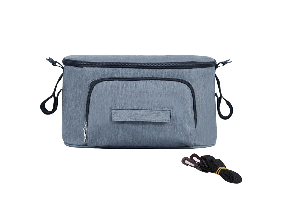 Bolsa Organizadora De Gran Capacidad Para Cochecito De Bebé En Tela Oxford Gris Con Correa.