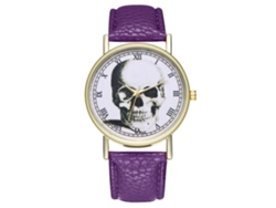 Reloj De Pulsera Informal Con Estampado De Calavera, Números Romanos Y Correa De Piel Sintética Morada.