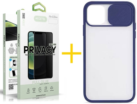 Kit Carcasa y Protector Cristal 1X Privacy Iphone 12«12 Pro Accetel Protection Cámara Azul
