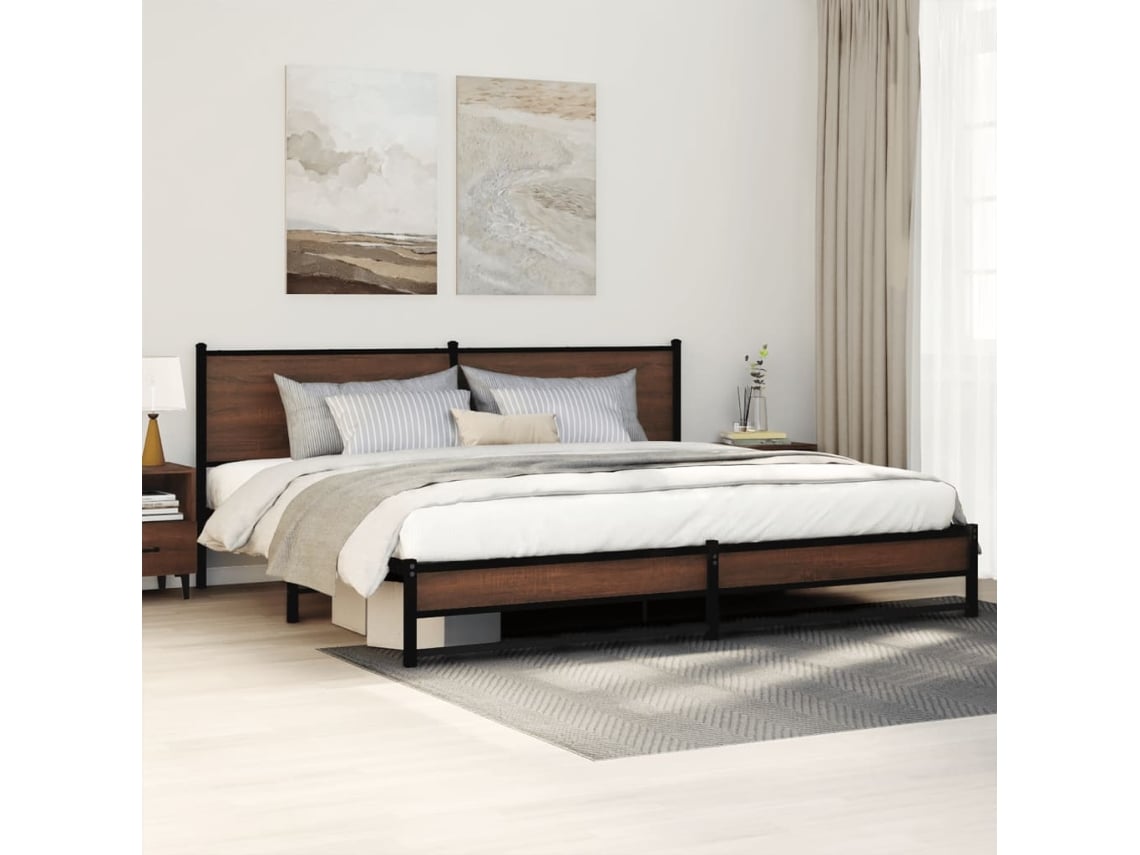 Estructura De Cama Sin Colchón Metal Roble Marrón 200x200 Cm