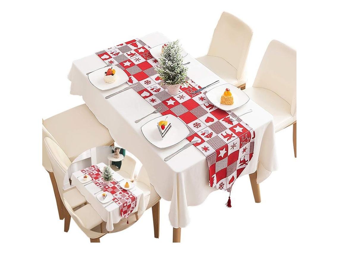 Runner De Mesa Rojo Tartan Navideño De Algodón Lavable Con Borlas Decorativo Para Hogar