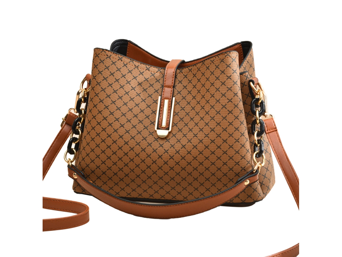 Bolso Tipo Cubo De Pu Para Mujer, Gran Capacidad, Estampado Moderno, Bolso De Hombro, Marrón Amarillento
