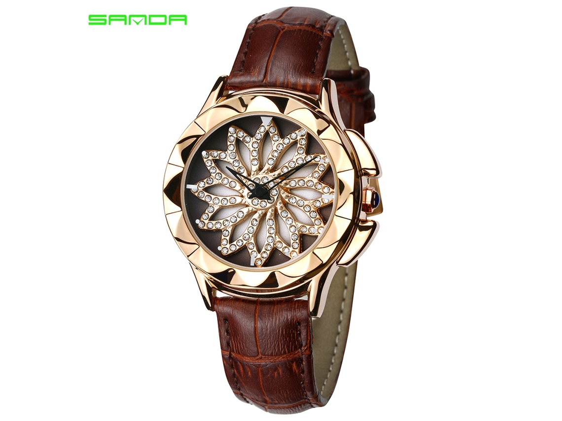 Reloj Analógico De Cuarzo Para Mujer Con Correa De Cuero Marrón Y Piedras Brillantes Con Forma Floral.