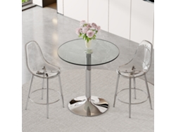 Juego De Bar Con Mesa De Cristal (89 Cm) Y 2 Taburetes Plateados Transparentes.