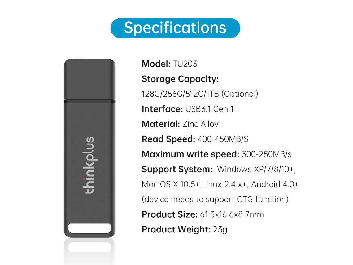 Unidad flash Thinkplus TU203 de 128 GB USB 3.1 Gen 1 compatible con Windows, macOS, Android y Linux.