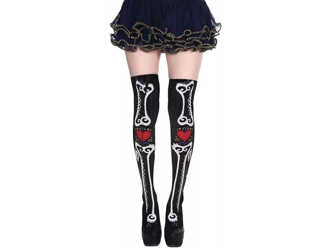 Medias Largas Negra Calavera Gótica Halloween Huesos Esqueleto Alta Rodilla Cosplay