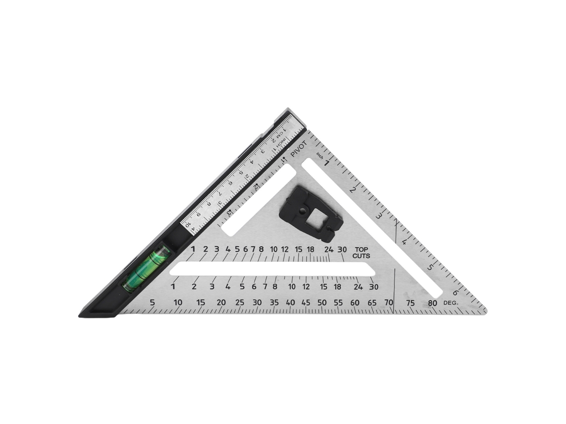 Regla triangular para carpintería de 7 pulgadas con doble escala y nivel de burbuja.