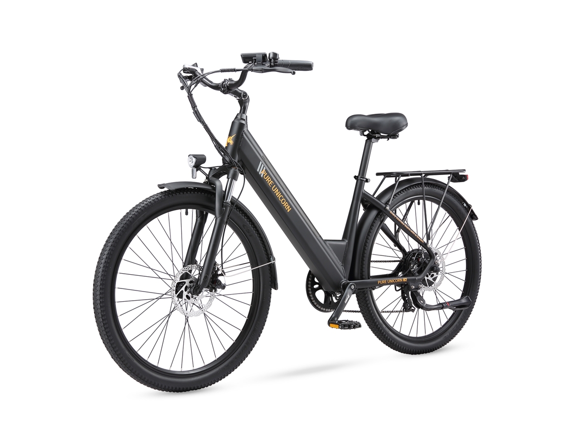 Bicicleta eléctrica urbana Pure Unicorn U2 de 27,5 pulgadas para adultos con batería de 48 VE y 12,8 Ah y motor de 750 W con cuadro abierto.