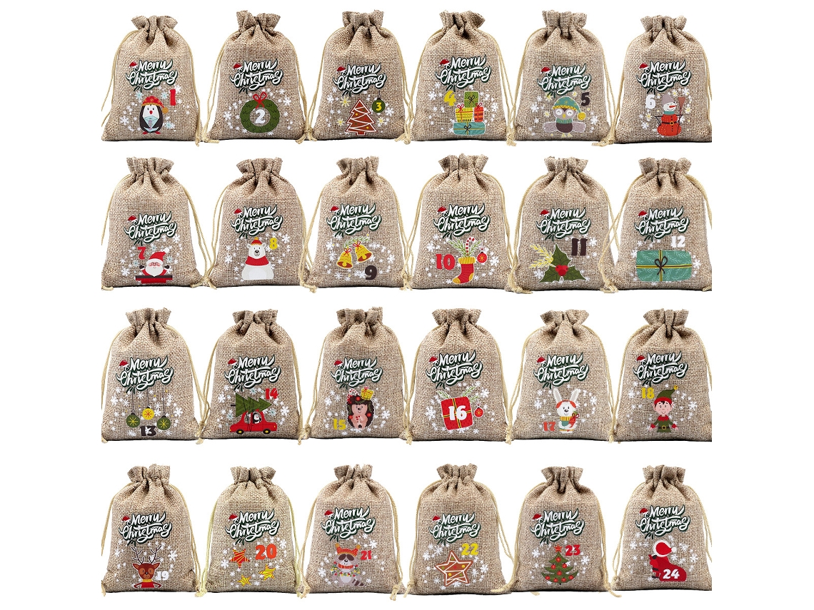 24 bolsas navideñas de yute con cordón, 5,5 x 4 pulgadas (05)