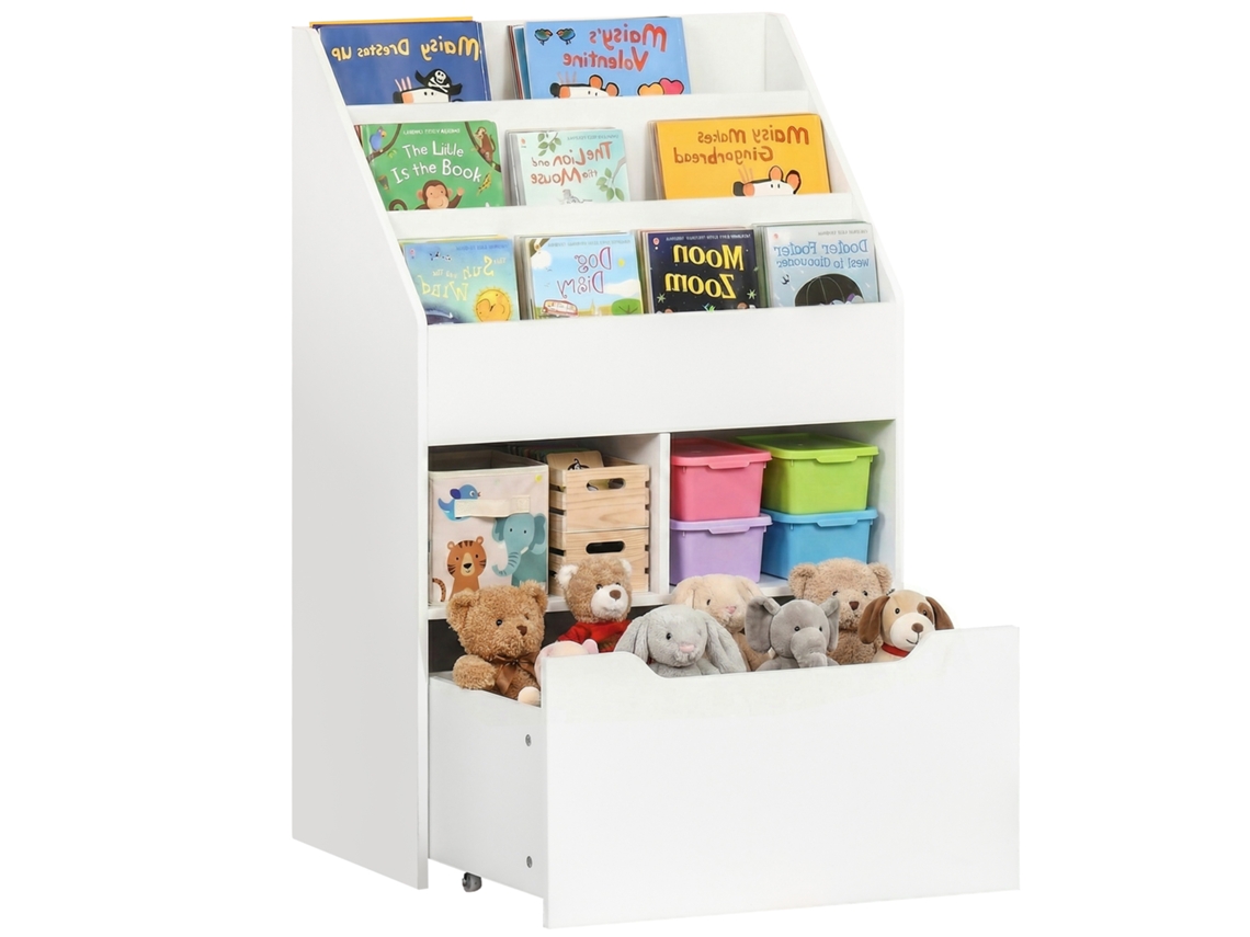 Librería Infantil Con 3 Nichos, 2 Compartimentos, Cajón Y Ruedas, 60x29,9x90 Cm, Blanca.